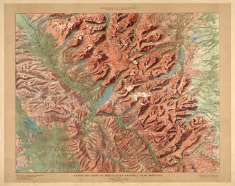 Map of the Glacier National Park, Montana, 1914.  Vintage restoration hardware home Deco Style old wall reproduction map print.