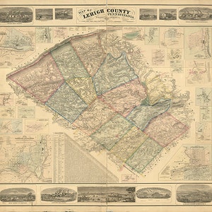 Kaart van Lehigh County, Pennsylvania, PA 1862. Restauratiebeslag Home Deco-stijl oude muur vintage giclee reproductie.