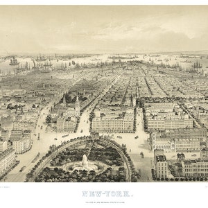Manhattan, New York City, vista verso sud 1849. NY0049 Riproduzione di una vecchia mappa murale in stile Deco, realizzata in ferramenta d'epoca per il restauro.