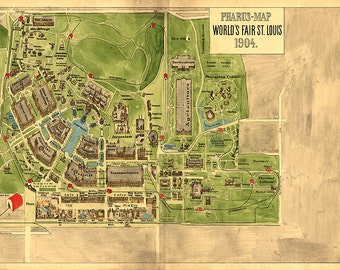 Map of St. Louis World's Fair Exhibitions, Louisiana Purchase Exposition 1904 map. Restoration Home Deco Style Old Wall Vintage Reprint