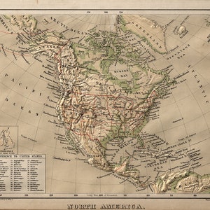 Mapa da América do Norte em 1880. Mapa de reprodução vintage de parede antiga em estilo de decoração de casa
