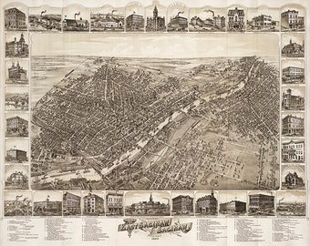 Map of East Saginaw and Saginaw, Michigan (M.I.)., 1885.  Vintage restoration hardware home Deco Style old wall reproduction map print.