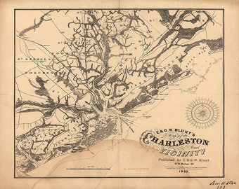 Map of Charleston,  South Carolina SC 1862.  Vintage restoration hardware home Deco Style old wall reproduction map print.