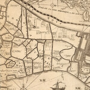 May include: An antique map of Venice, Italy, with detailed markings of the city's canals, buildings, and landmarks. The map is printed in black and white on a cream-colored paper. The map is titled "FOND DE LA MER ADRIATIQUE, ou DU GOLFE" and includes the text "PLACE SAINT MARC" and "CHAT FAU".