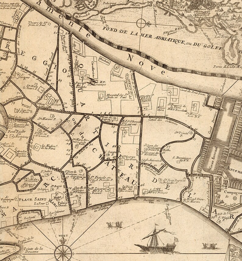 May include: An antique map of Venice, Italy, with detailed markings of the city's canals, buildings, and landmarks. The map is printed in black and white on a cream-colored paper. The map is titled "FOND DE LA MER ADRIATIQUE, ou DU GOLFE" and includes the text "PLACE SAINT MARC" and "CHAT FAU".