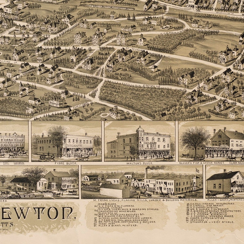 Map of West Newton Massachusetts MA. 1890. Restoration Etsy