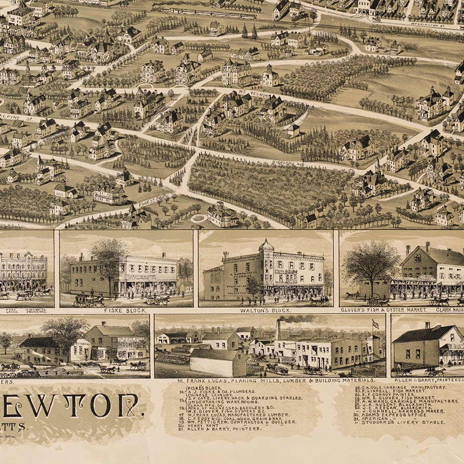 Mapa de West Newton Massachusetts MA. 1890. Restauración Etsy