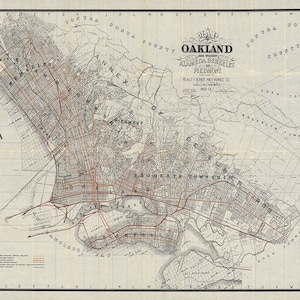 Map of Oakland, Alameda County, California CA 1913.  Home Deco Style Old Wall Vintage Giclee Reproduction.