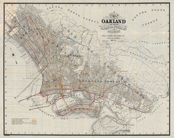 Map of Oakland, Alameda County, California CA 1913.  Home Deco Style Old Wall Vintage Giclee Reproduction.