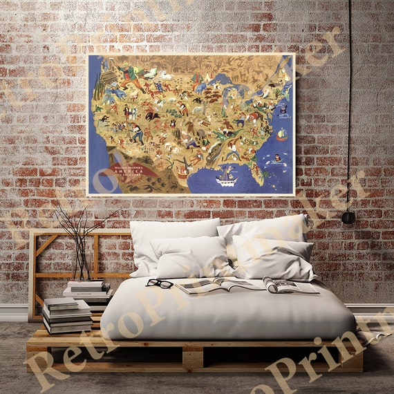 its folklore Pictorial map 24"x36" Canvas Art Print William Gropper's America 