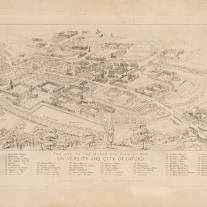 Universität und Stadt Oxford, England Map, 1850, auch Carfax Tower.  Vintage-Restaurierung Hardware-Deco-Stil Wandreproduktion Kartendruck.