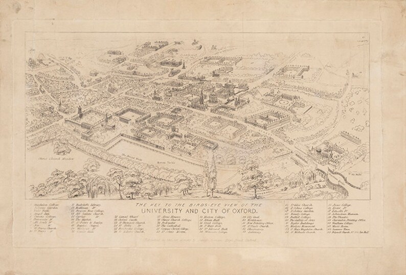 May include: A black and white line drawing of the University of Oxford, England. The drawing shows the layout of the university buildings and the surrounding city. The drawing is labeled with the names of the different buildings and streets.