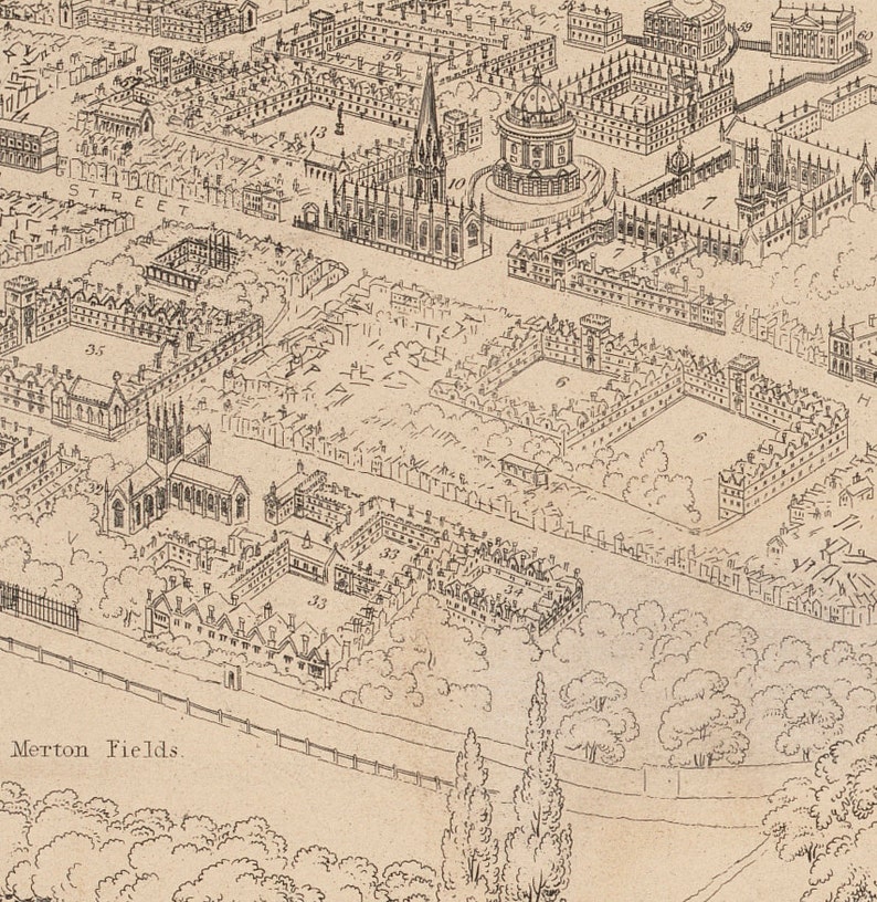 May include: A black and white aerial view drawing of a university campus. The drawing shows the layout of the buildings and grounds. The text "Merton Fields" is visible at the bottom of the drawing.