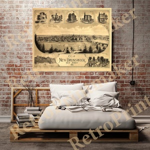 May include: An antique map of New Brunswick, New Jersey, from 1884. The map shows a bird's-eye view of the city, including the Raritan River and the surrounding area. The map is in black and white and has a vintage look.