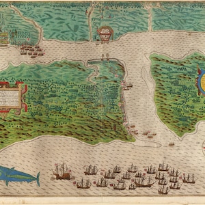 Mapa e ilustração da viagem às Índias Ocidentais 1 de 5, St. Augustine, de Sir Francis Drake. 1589. Reprodução de mapa de parede de casa vintage.