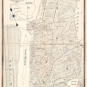 Mapa de Long Island City, condado de Queens, Nueva York, N.Y. 1876. Impresión de reproducción de mapa de pared antiguo de estilo Deco de hogar de ferretería de restauración vintage.