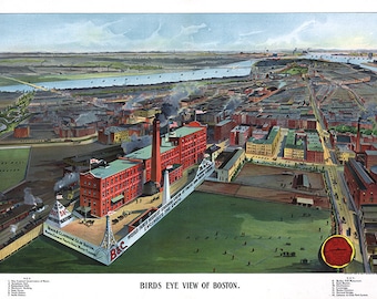 Boston, Massachusetts (MA.) with B&C Soda factory. 1902. Vintage restoration hardware home Deco Style old wall reproduction map print.MA0004