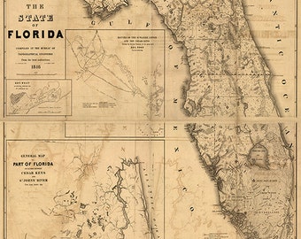 Map of Florida FL, 1846.  Restoration Hardware Home Deco Style Old Wall Vintage Reprint.