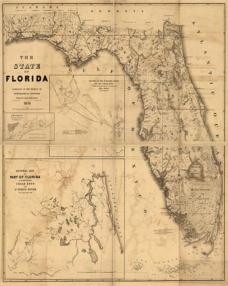 Op de afbeelding: Een antieke kaart van de staat Florida, gedateerd 1816. De kaart toont de kustlijn van de staat, rivieren en belangrijke steden. De kaart is verdeeld in vier secties, met een kleinere ingevoegde kaart van Key West in de linkerbovenhoek.