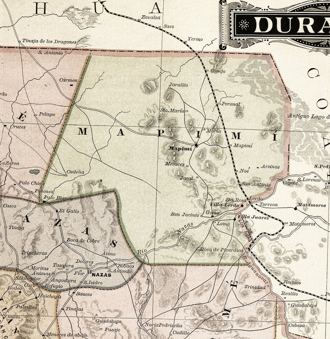 Map of Durango, Mexico, 1886. Vintage Home Deco Style Old Wall ...
