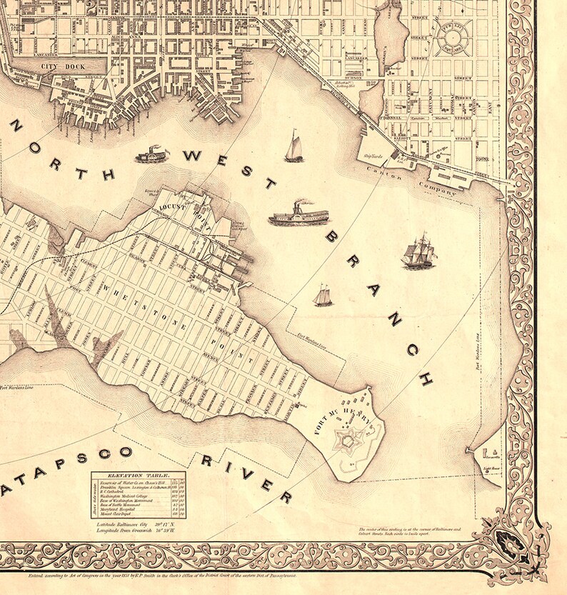 Baltimore city planning Maryland MD. Derveer 1851. Etsy