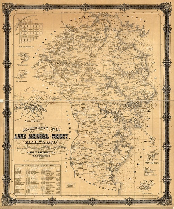 Map of Anne Arundel County Maryland MD. 1860. Vintage Home Etsy