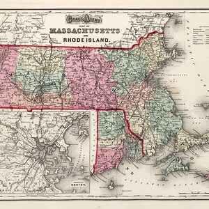 Map of Massachusetts and Rhode Island MA RI 1873  Vintage restoration hardware home Deco Style old wall reproduction map print.