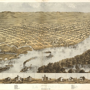 Carte de La Crosse, Wisconsin 1867, WI.  Impression de reproduction de carte murale ancienne de style déco pour la maison, quincaillerie de restauration vintage.