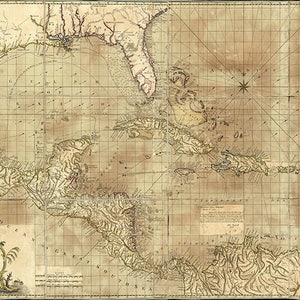 Mapa das Índias Ocidentais de 1774. Impressão de mapa de reprodução de parede antiga em estilo Deco, com restauração vintage.