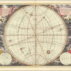 1660 年の天体図。直立球 (赤道) と斜球 (黄道) の動きを示しています - 天文学の複製