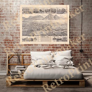 May include: An antique map of Pomona, California, showing a bird's-eye view of the city in the late 1800s. The map is printed on aged paper and features detailed illustrations of buildings and streets.