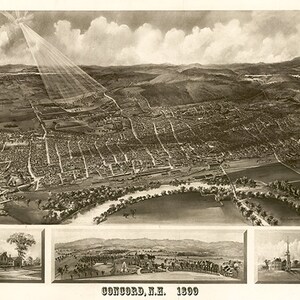 Mappa di Concord, Contea di Merrimack, New Hampshire NH 1899. Vista dall'alto. Riproduzione giclée di Restoration Hardware Home Deco Old Wall.