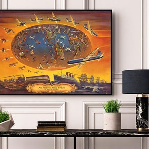 The progress of transportation Pan American world airways the system. Reproduction Vintage Illustrations Decorative Wall Art Home Décor