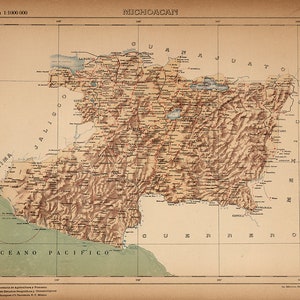 Map of Michoacan, Mexico, 1922.  Vintage restoration hardware home Deco Style old wall reproduction map print.