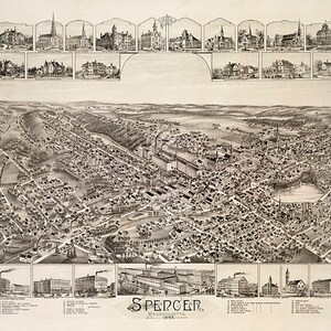 Mapa de Spencer, condado de Worcester, Massachusetts, MA, 1892. Reimpresión vintage de pared de estilo decorativo para el hogar de Restoration Hardware.