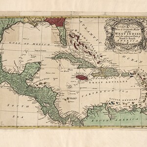 Mapa das Índias Ocidentais e das partes adjacentes da América do Norte e do Sul. 1755. Mapa reimpresso vintage.