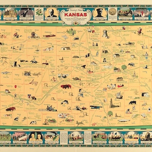 Pictorial Map of Kansas State, 1930. Vintage home Deco Style old wall reproduction map print.