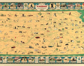 Pictorial Map of Kansas State, 1930. Vintage home Deco Style old wall reproduction map print.