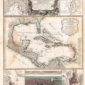 Mapa das Índias Ocidentais, Costa do Golfo, Golfo do México, Mar do Caribe e Ilhas Bahamas. 1759. Mapa de reimpressão vintage.