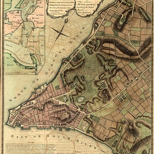 Mapa de la ciudad de Nueva York, Manhattan y sus alrededores hasta Greenwich, en el río Norte, o Hudson, en el río Este. Reproducción del mapa.