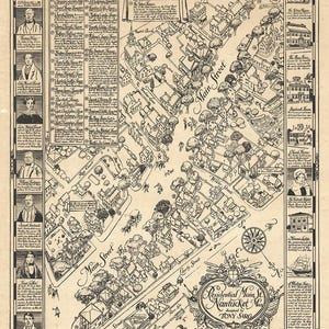 Mapa ilustrado de la calle principal de Nantucket, Massachusetts, Ma. Reimpresión antigua de pared estilo Home Deco de Restoration Hardware.