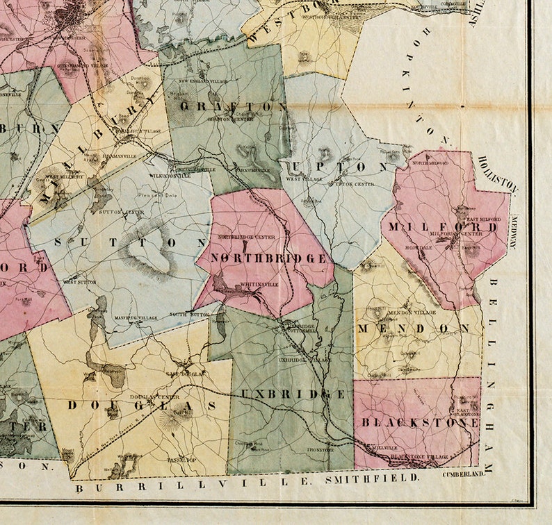 Map of Worcester County Massachusetts MA. 1857. Vintage Etsy