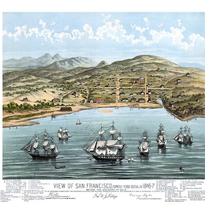 San Francisco, California, ehemals Yerba Buena, im Jahr 1846 vor der Entdeckung des Goldes.  CA0004 Vintage Poster Panoramaausblick Kunstdruck Landkarte