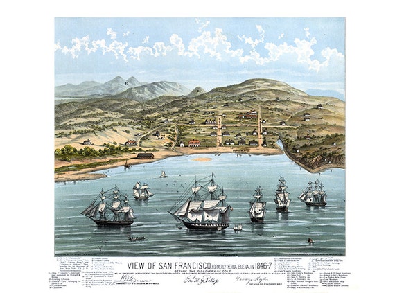 な 絵画カリフォルニアビンテージアート カリフォルニア州サンフランシスコ、旧名イエルバブエナ、1846年、金が