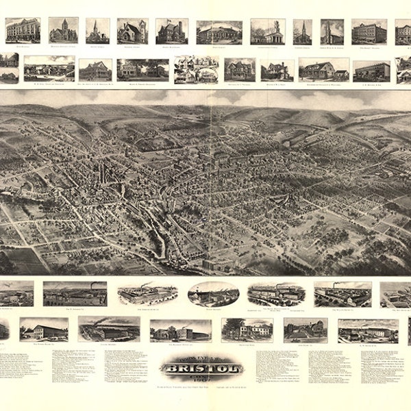 Map of Bristol, Hartford Co., Connecticut CT 1907. looking north-east. Home Deco Style Old Wall Map. Vintage Reproduction.