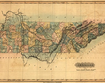 Map of Tennessee, 1826.  Restoration Hardware Home Deco Style Old Wall Vintage Reprint.