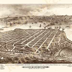 Coronado Beach, la baia di San Diego e la città di San Diego, California, in lontananza, 1880. Riproduzione di una mappa illustrata d&#39;epoca.