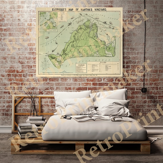Map of Martha's Vineyard, Massachusetts, MA 1913.  Restoration Hardware Home Deco Style Old Wall Vintage Reprint.