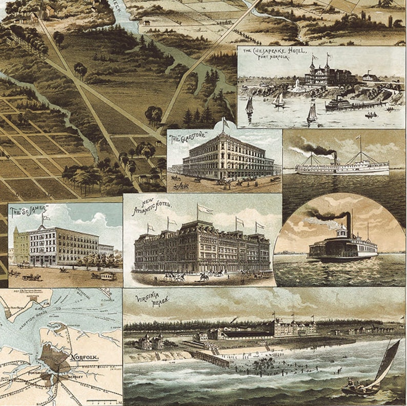 Norfolk Virginia VA and surroundings map 1892. Vintage Etsy