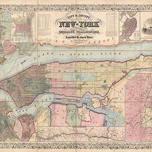 Mappa della città di New York: Brooklyn, Williamsburgh, Jersey City e le acque adiacenti, 1857. Riproduzione di una vecchia mappa in stile Déco.